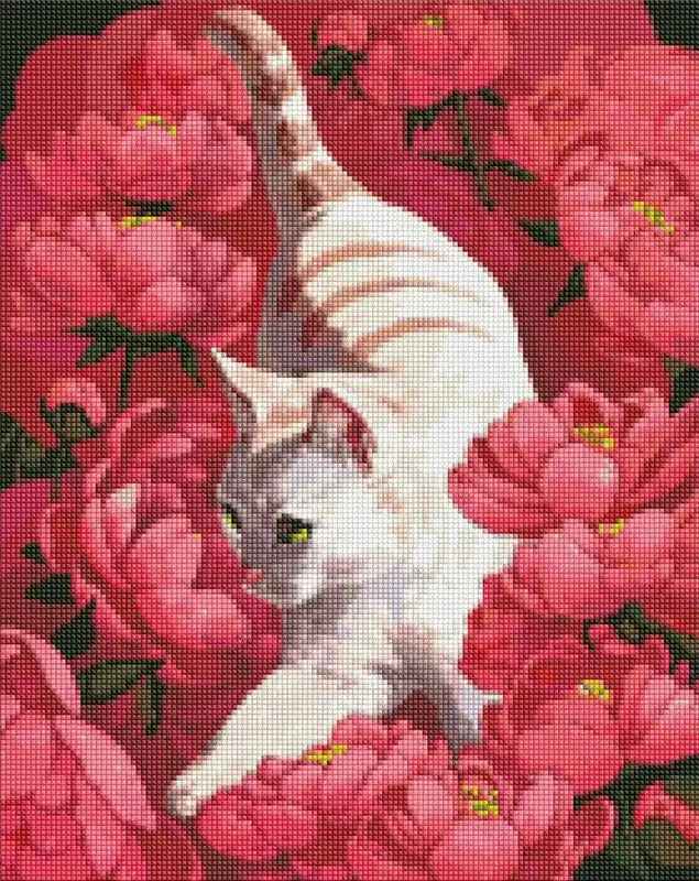 Obniżka ceny Diamentowa mozaika - Kot w piwoniach 40x50cm