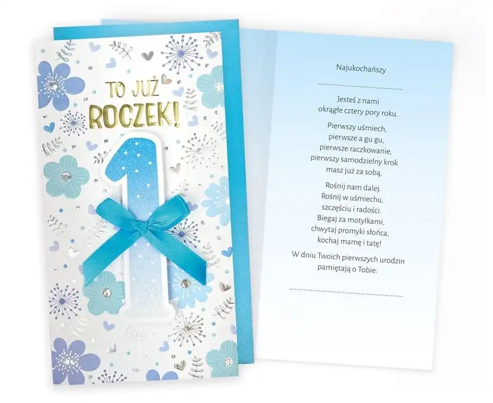 Popularny Karnet Urodziny Roczek niebieskie kwiatki