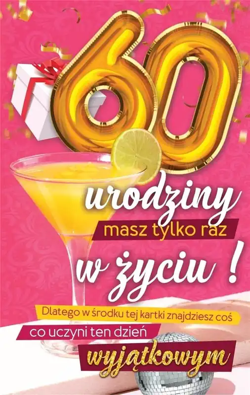 Karnet Urodzinowy 60 + naklejka Tani
